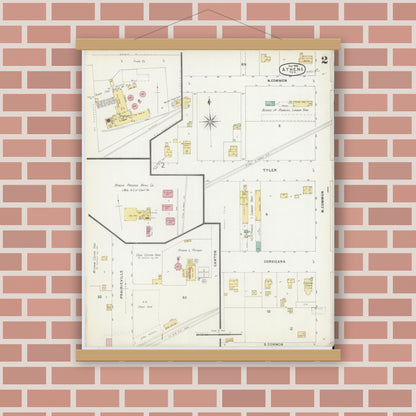 Old map wall art mockup — magnetic wood frame on brick wall — Sanborn Fire Insurance Map from Athens, Henderson County, Texas (1896), Sheet #0002