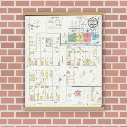 Old map wall art mockup — magnetic wood frame on brick wall — Sanborn Fire Insurance Map from Shawneetown, Gallatin County, Illinois (1899), Sheet #0001