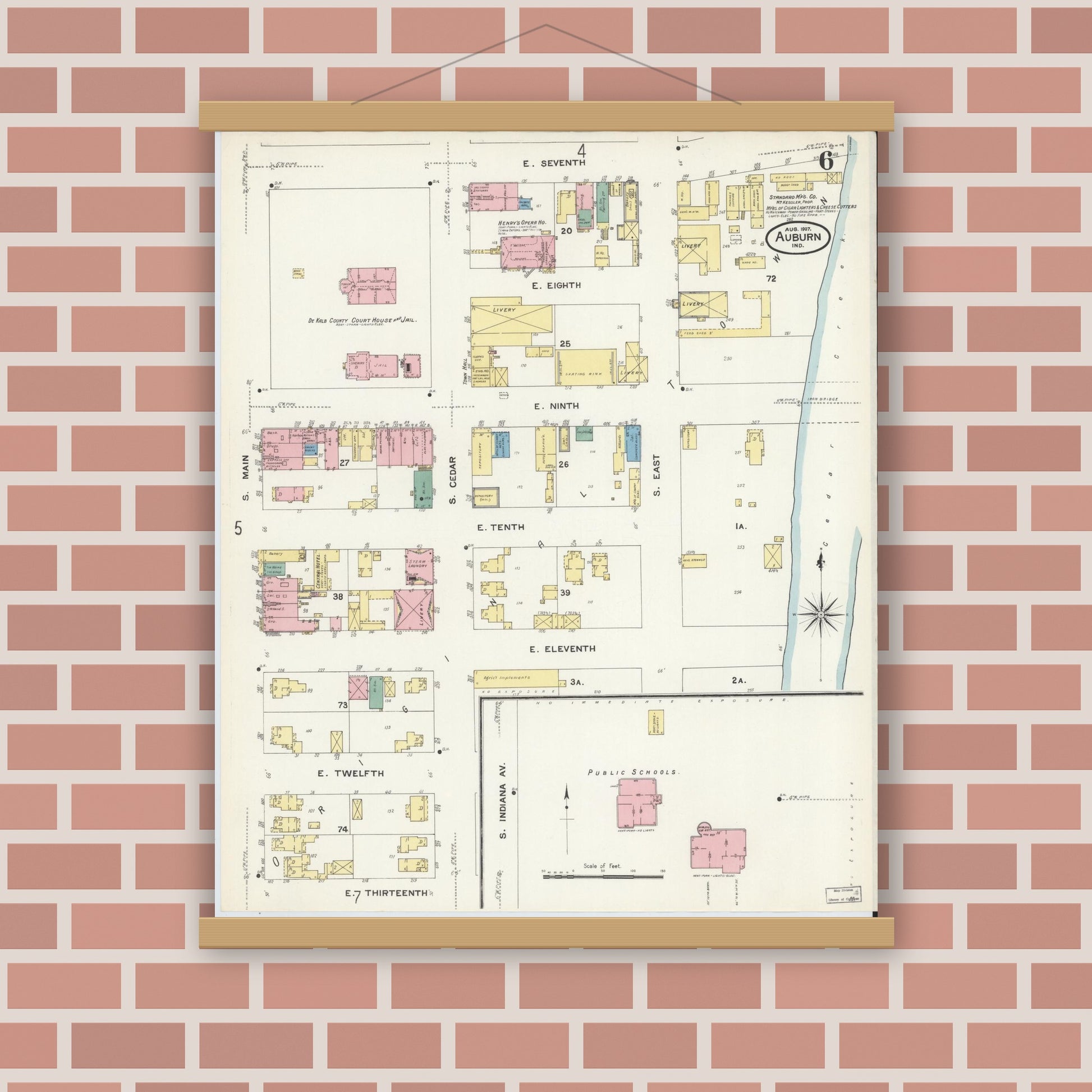 Old map wall art mockup — magnetic wood frame on brick wall — Sanborn Fire Insurance Map from Auburn, De Kalb County, Indiana (1907), Sheet #0006