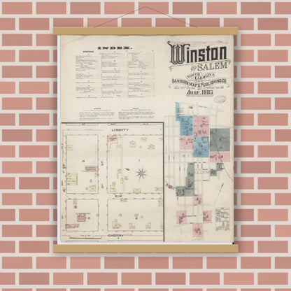 Old map wall art mockup — magnetic wood frame on brick wall — Sanborn Fire Insurance Map from Winston-Salem, Forsyth County, North Carolina (1885) - Complete Map Set