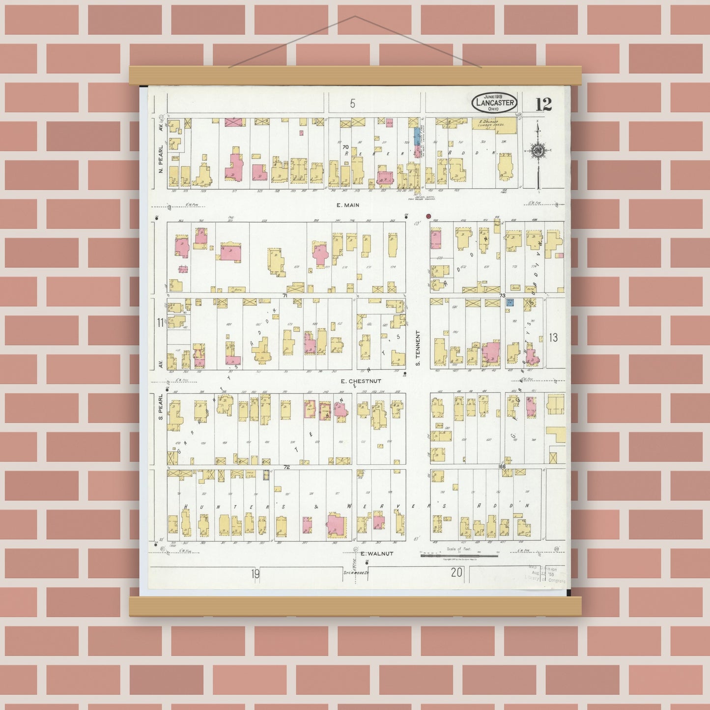 Old map wall art mockup — magnetic wood frame on brick wall — Sanborn Fire Insurance Map from Lancaster, Fairfield County, Ohio (1919), Sheet #0012