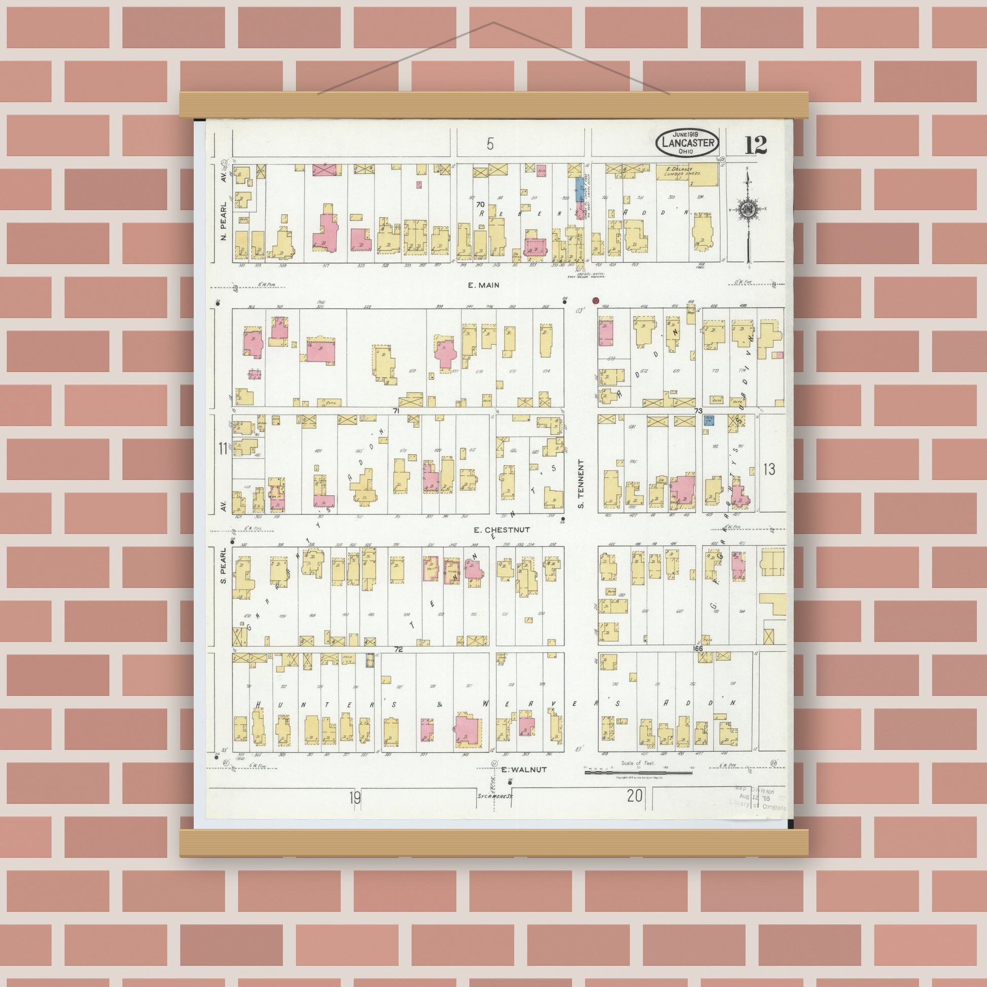 Old map wall art mockup — magnetic wood frame on brick wall — Sanborn Fire Insurance Map from Lancaster, Fairfield County, Ohio (1919), Sheet #0012