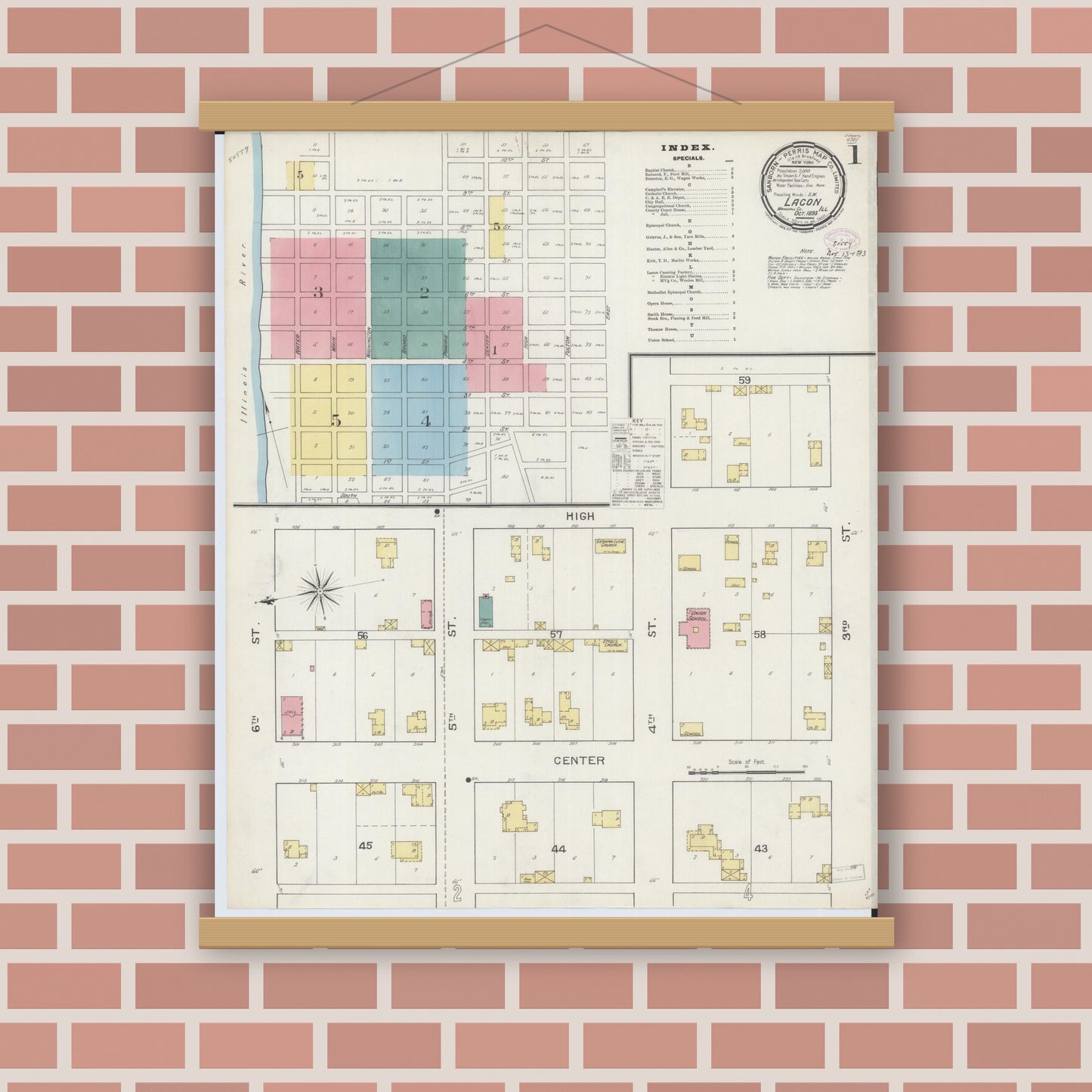 Old map wall art mockup — magnetic wood frame on brick wall — Sanborn Fire Insurance Map from Lacon, Marshall County, Illinois (1893), Sheet #0001