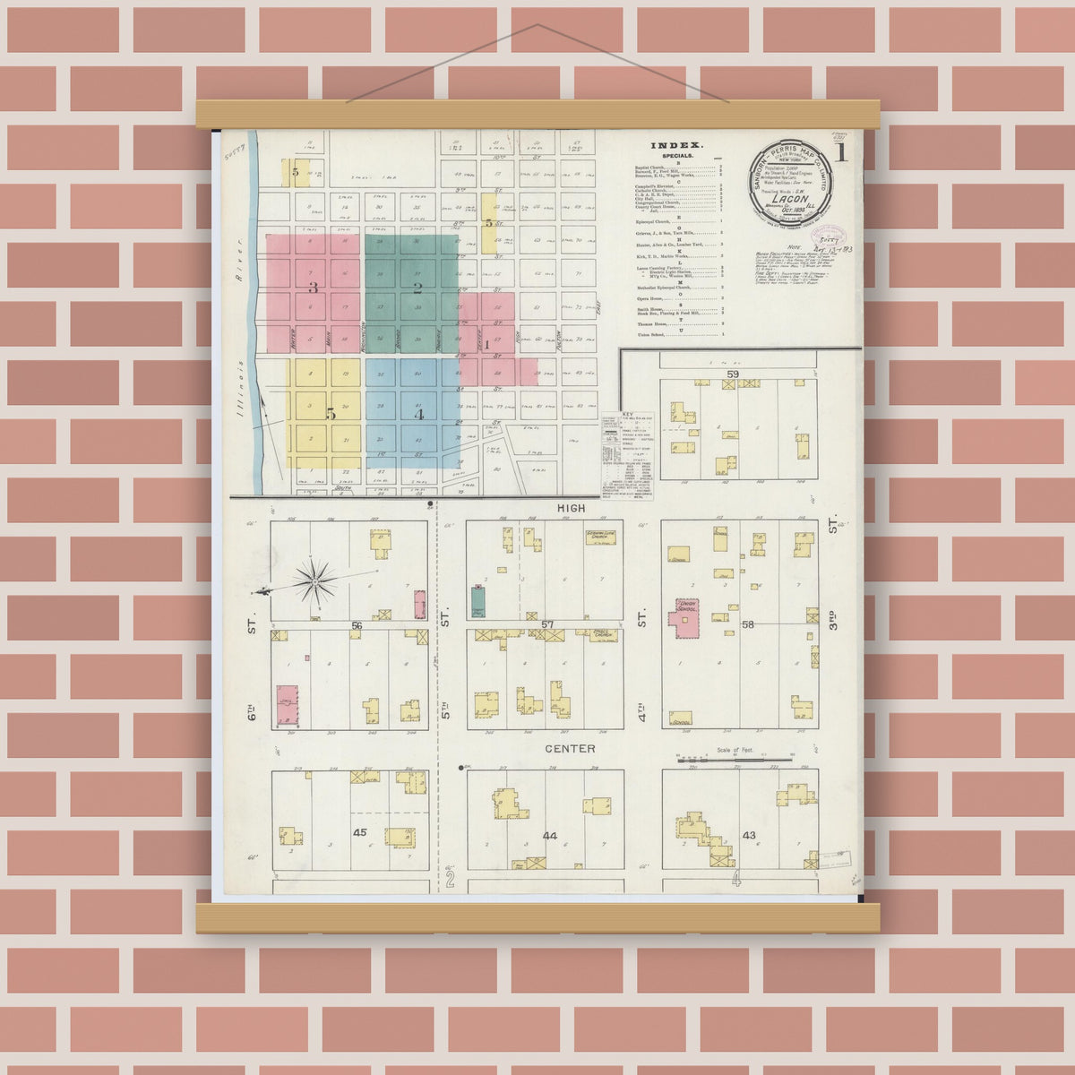 Old map wall art mockup — magnetic wood frame on brick wall — Sanborn Fire Insurance Map from Lacon, Marshall County, Illinois (1893), Sheet #0001