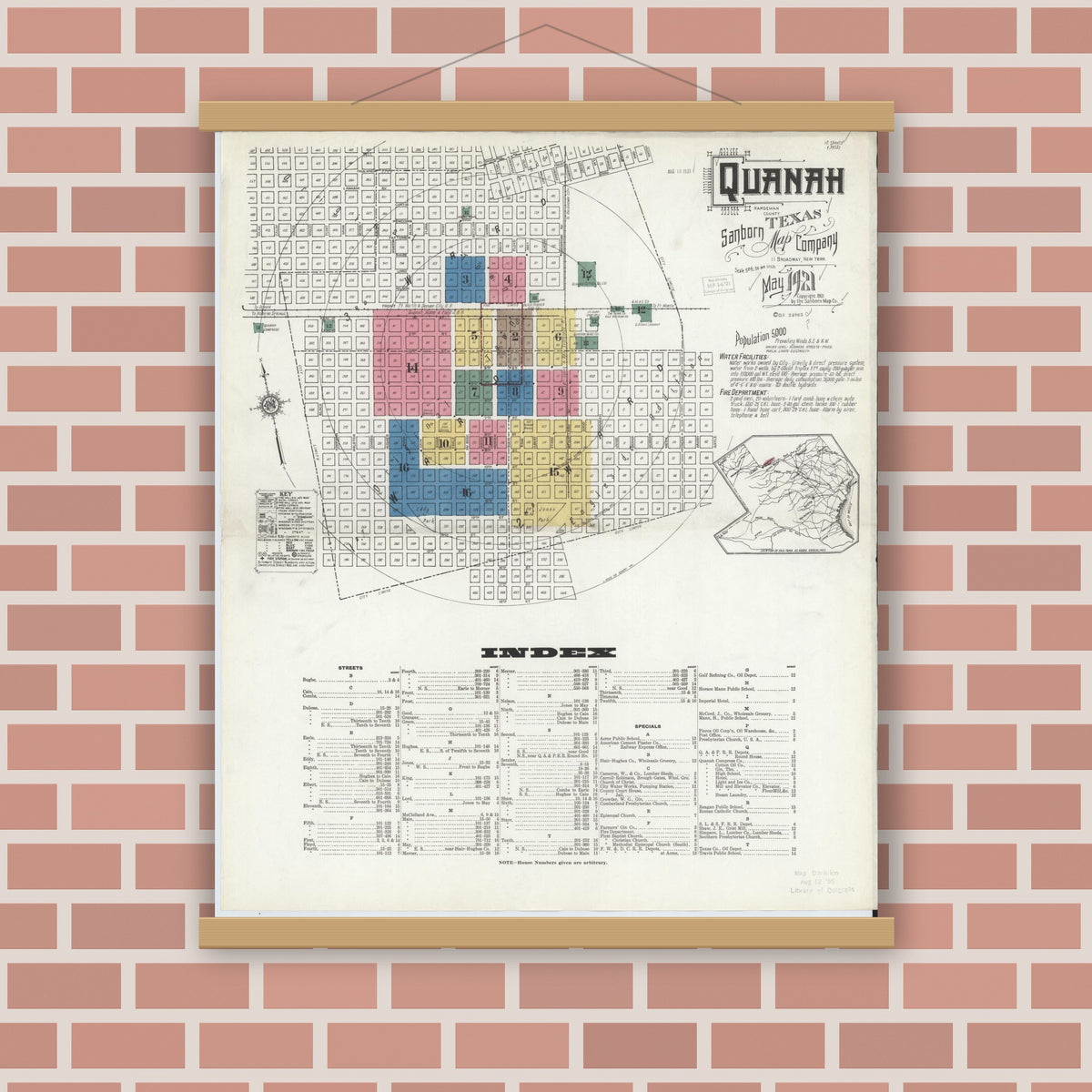 Old map wall art mockup — magnetic wood frame on brick wall — Sanborn Fire Insurance Map from Quanah, Hardeman County, Texas (1921) - Complete Map Set