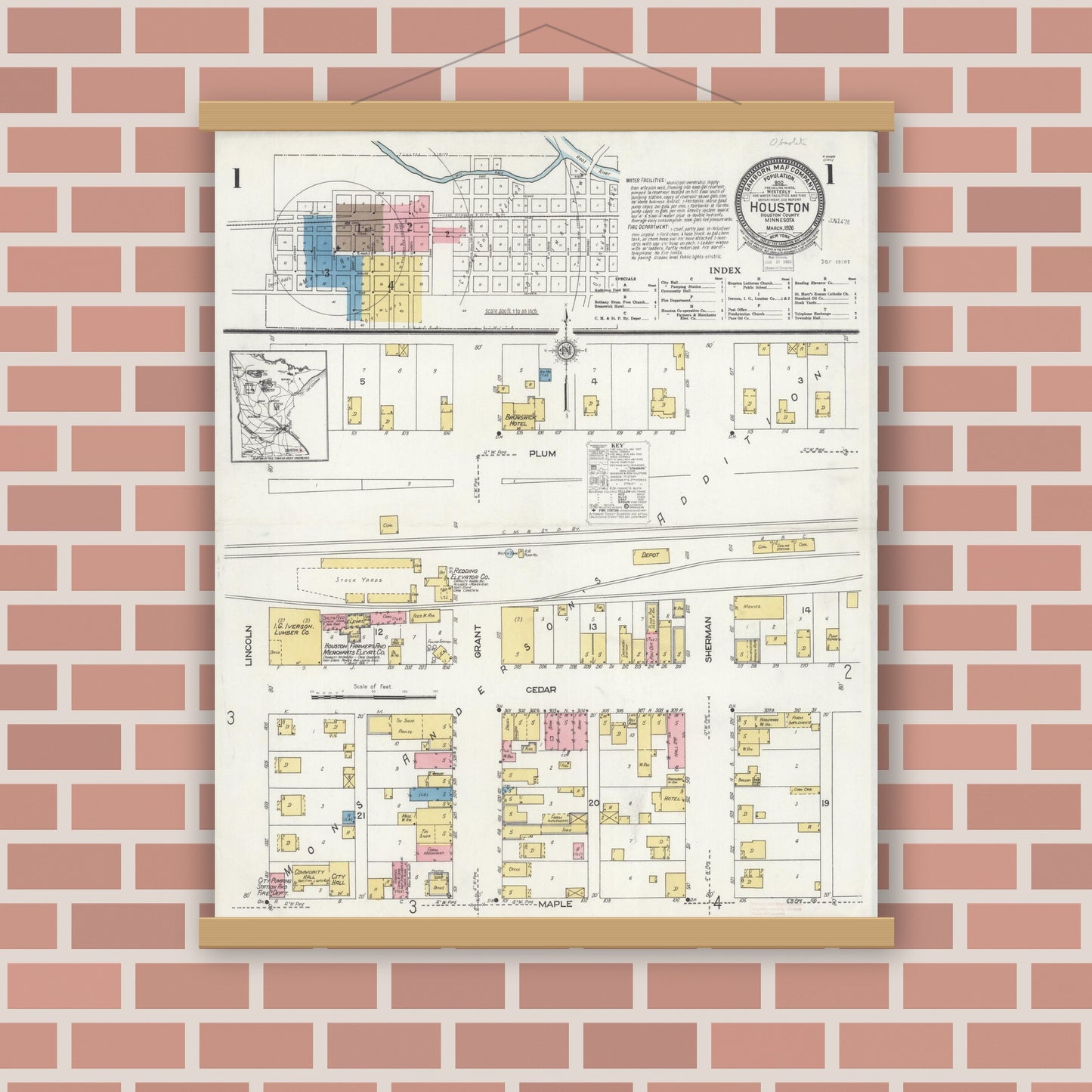 Old map wall art mockup — magnetic wood frame on brick wall — Sanborn Fire Insurance Map from Houston, Houston County, Minnesota (1926), Sheet #0001