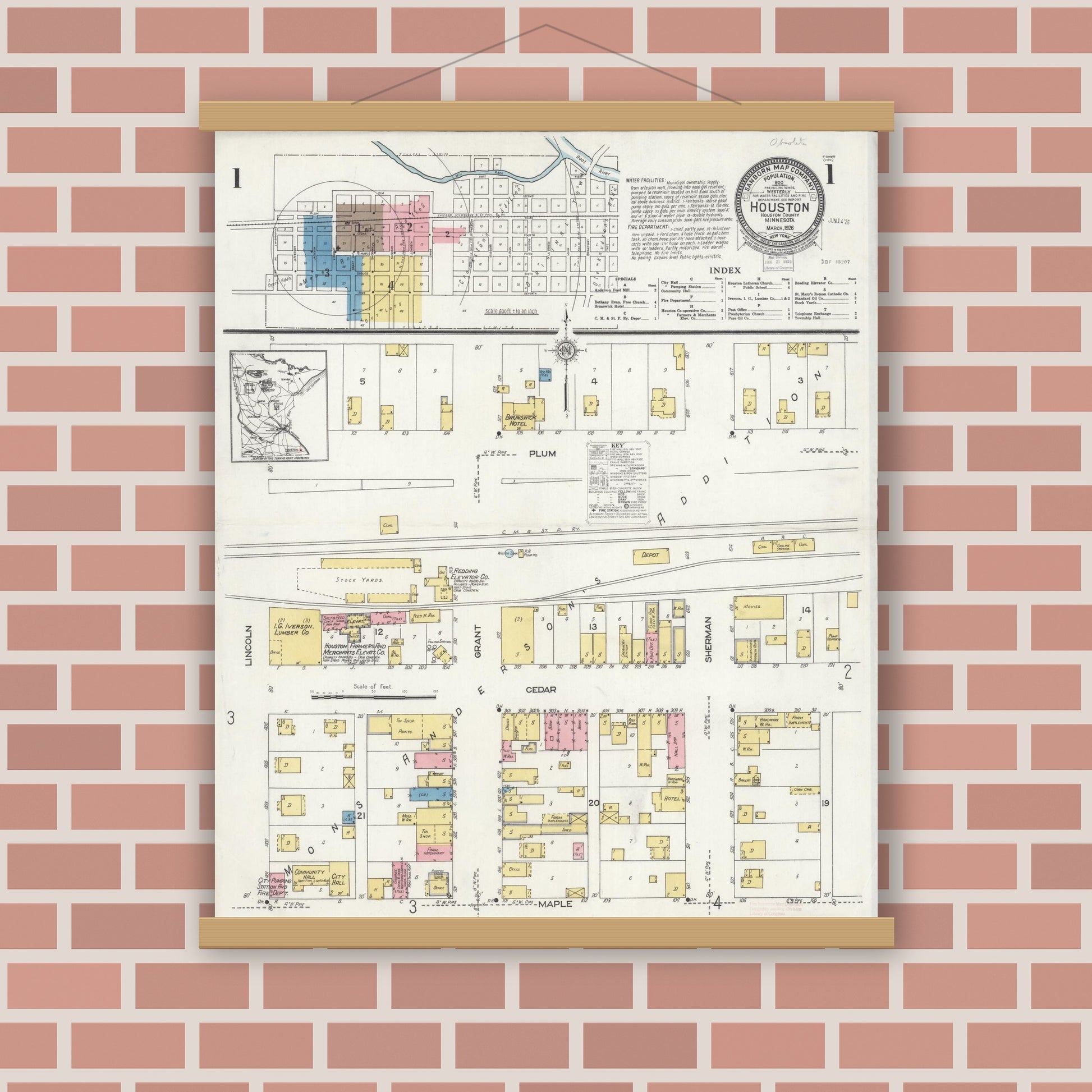 Old map wall art mockup — magnetic wood frame on brick wall — Sanborn Fire Insurance Map from Houston, Houston County, Minnesota (1926), Sheet #0001