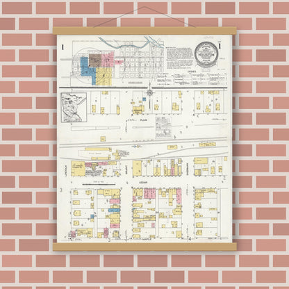 Old map wall art mockup — magnetic wood frame on brick wall — Sanborn Fire Insurance Map from Houston, Houston County, Minnesota (1926), Sheet #0001