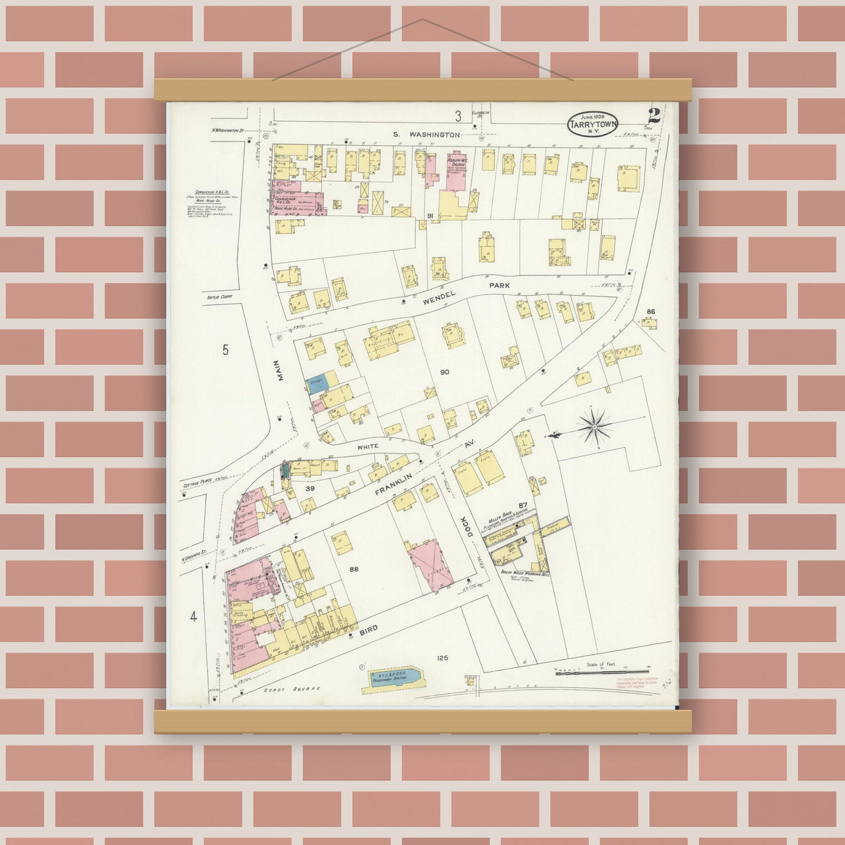 Old map wall art mockup — magnetic wood frame on brick wall — Sanborn Fire Insurance Map from Tarrytown, Westchester County, New York (1909), Sheet #0002