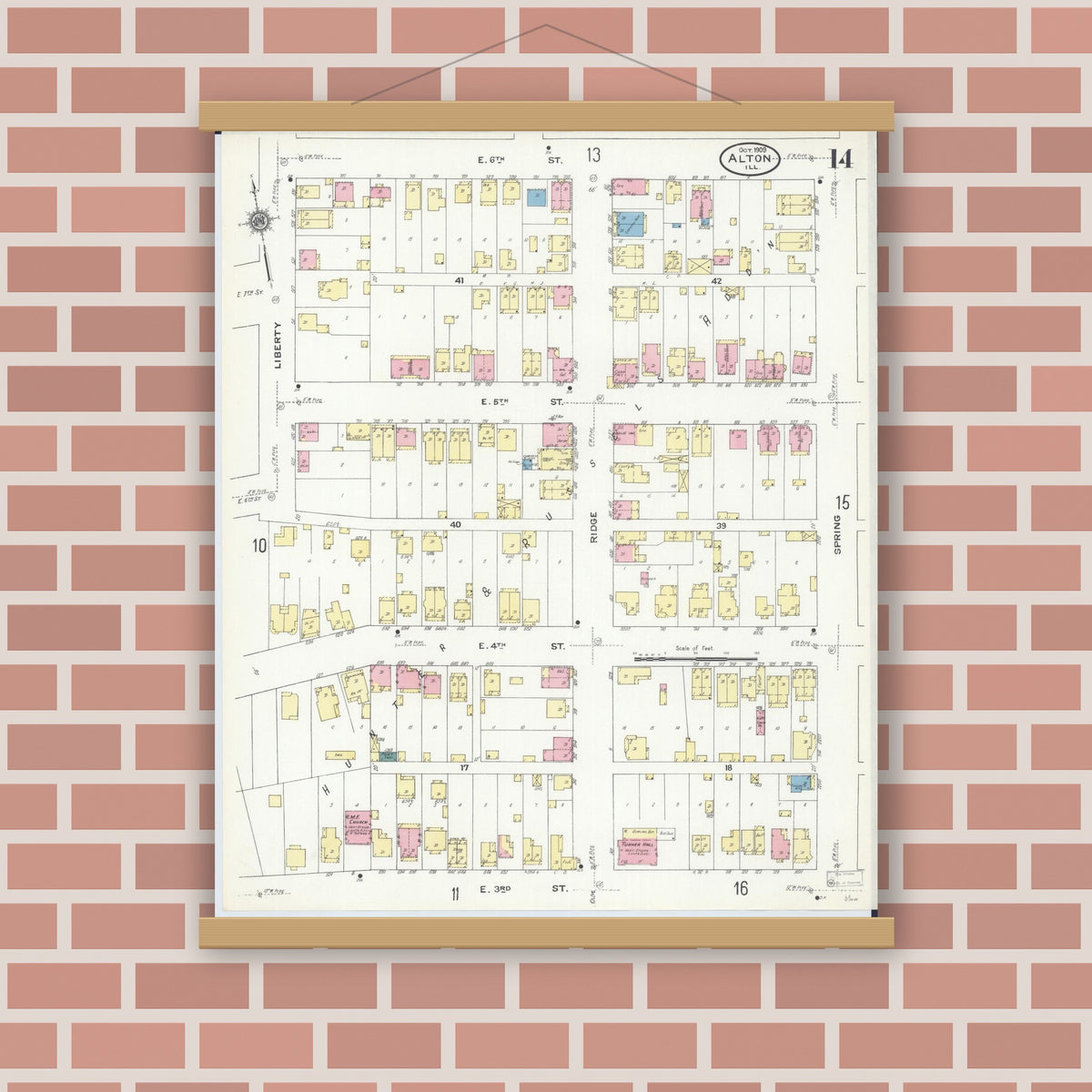 Old map wall art mockup — magnetic wood frame on brick wall — Sanborn Fire Insurance Map from Alton, Madison County, Illinois (1909), Sheet #0014