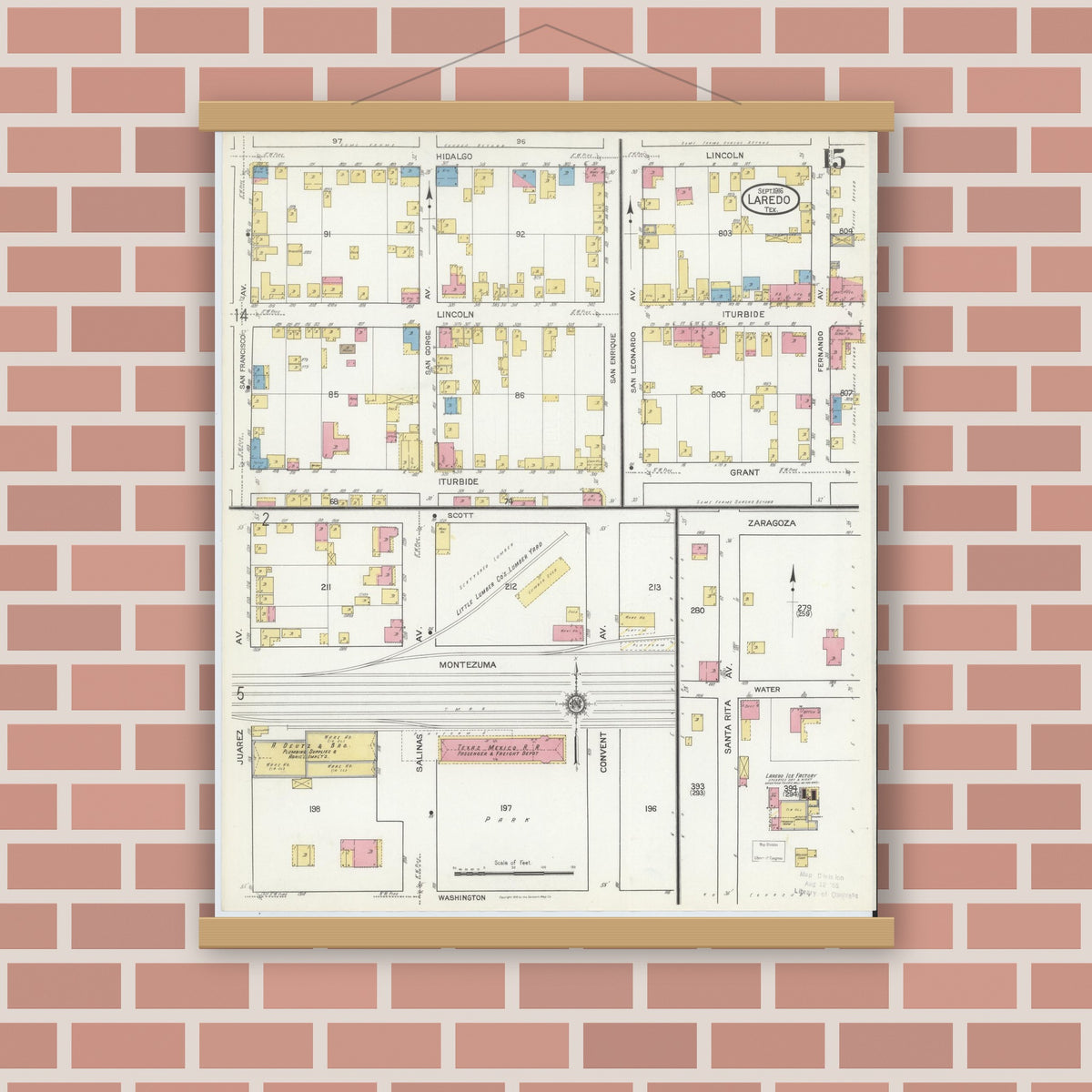 Old map wall art mockup — magnetic wood frame on brick wall — Sanborn Fire Insurance Map from Laredo, Webb County, Texas (1916), Sheet #0015