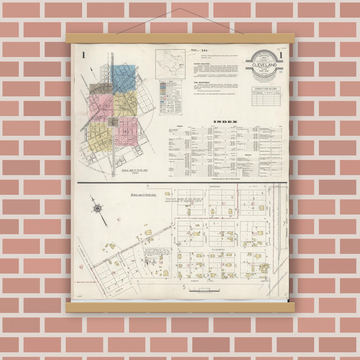 Old map wall art mockup — magnetic wood frame on brick wall — Sanborn Fire Insurance Map from Cleveland, Liberty County, Texas (1939) - Complete Map Set