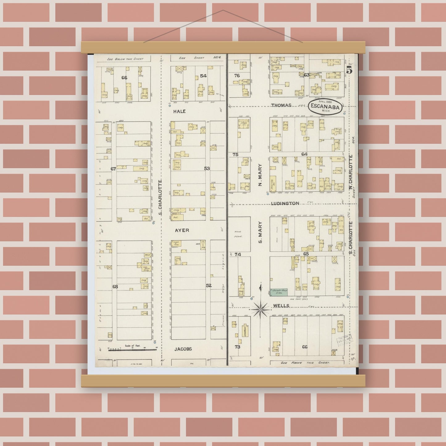 Old map wall art mockup — magnetic wood frame on brick wall — Sanborn Fire Insurance Map from Escanaba, Delta County, Michigan (1888), Sheet #0005