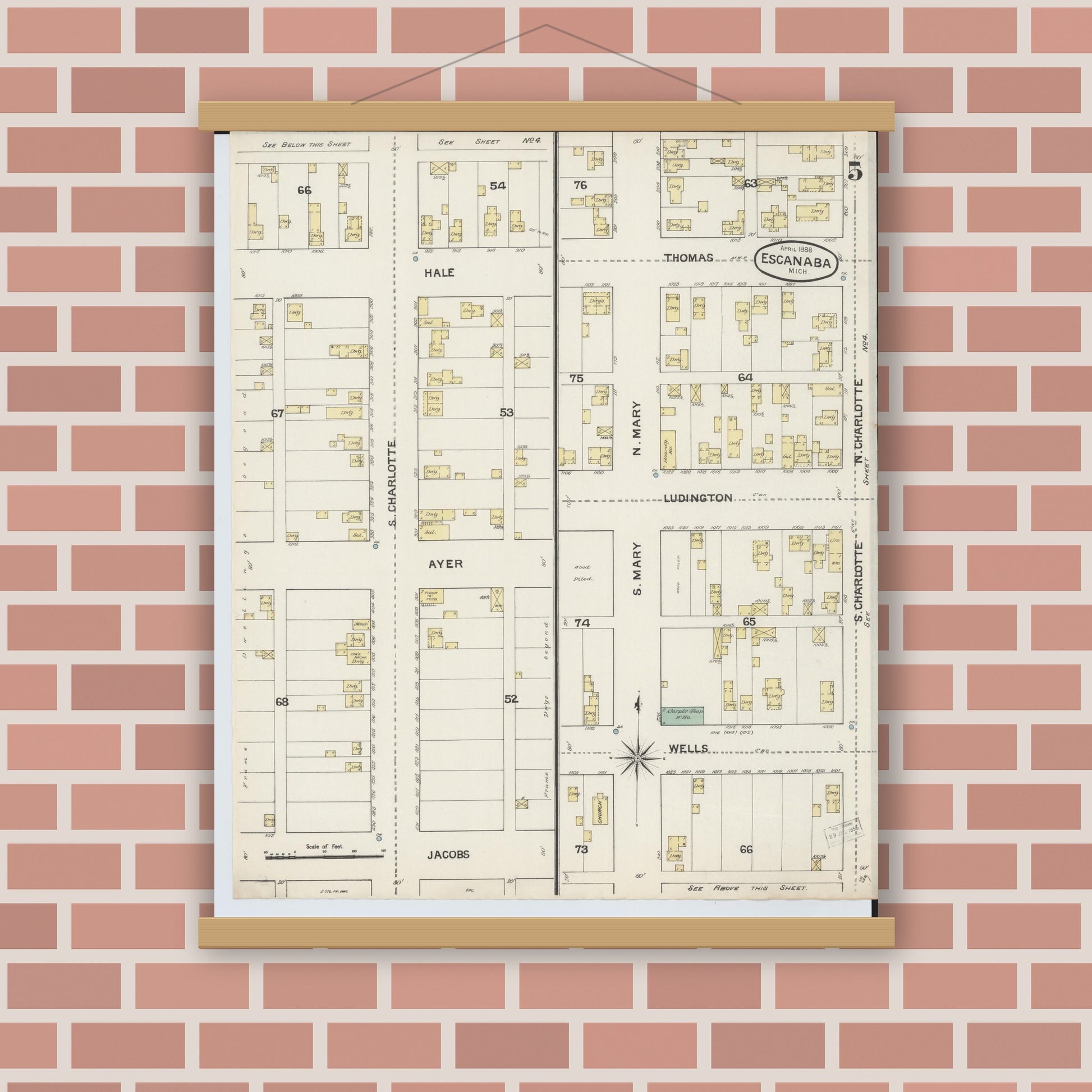 Old map wall art mockup — magnetic wood frame on brick wall — Sanborn Fire Insurance Map from Escanaba, Delta County, Michigan (1888), Sheet #0005
