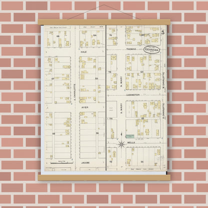 Old map wall art mockup — magnetic wood frame on brick wall — Sanborn Fire Insurance Map from Escanaba, Delta County, Michigan (1888), Sheet #0005