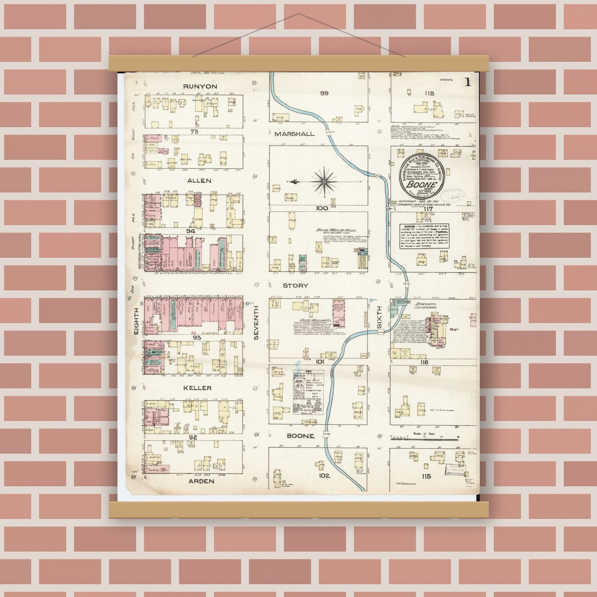 Old map wall art mockup — magnetic wood frame on brick wall — Sanborn Fire Insurance Map from Boone, Boone County, Iowa (1883) â€” Complete Set