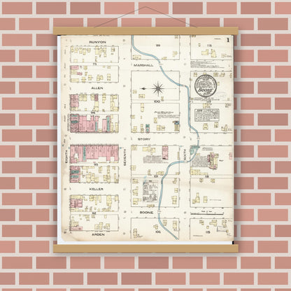 Old map wall art mockup — magnetic wood frame on brick wall — Sanborn Fire Insurance Map from Boone, Boone County, Iowa (1883) â€” Complete Set