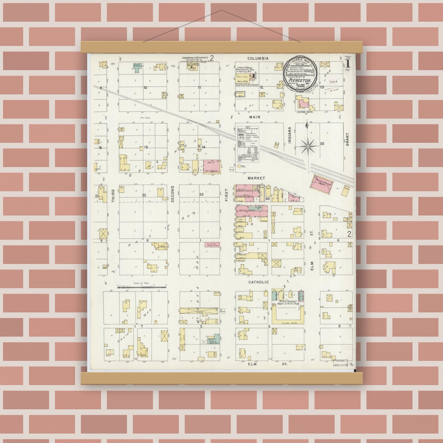 Old map wall art mockup — magnetic wood frame on brick wall — Sanborn Fire Insurance Map from Pierceton, Kosciusko County, Indiana (1896) - Complete Map Set