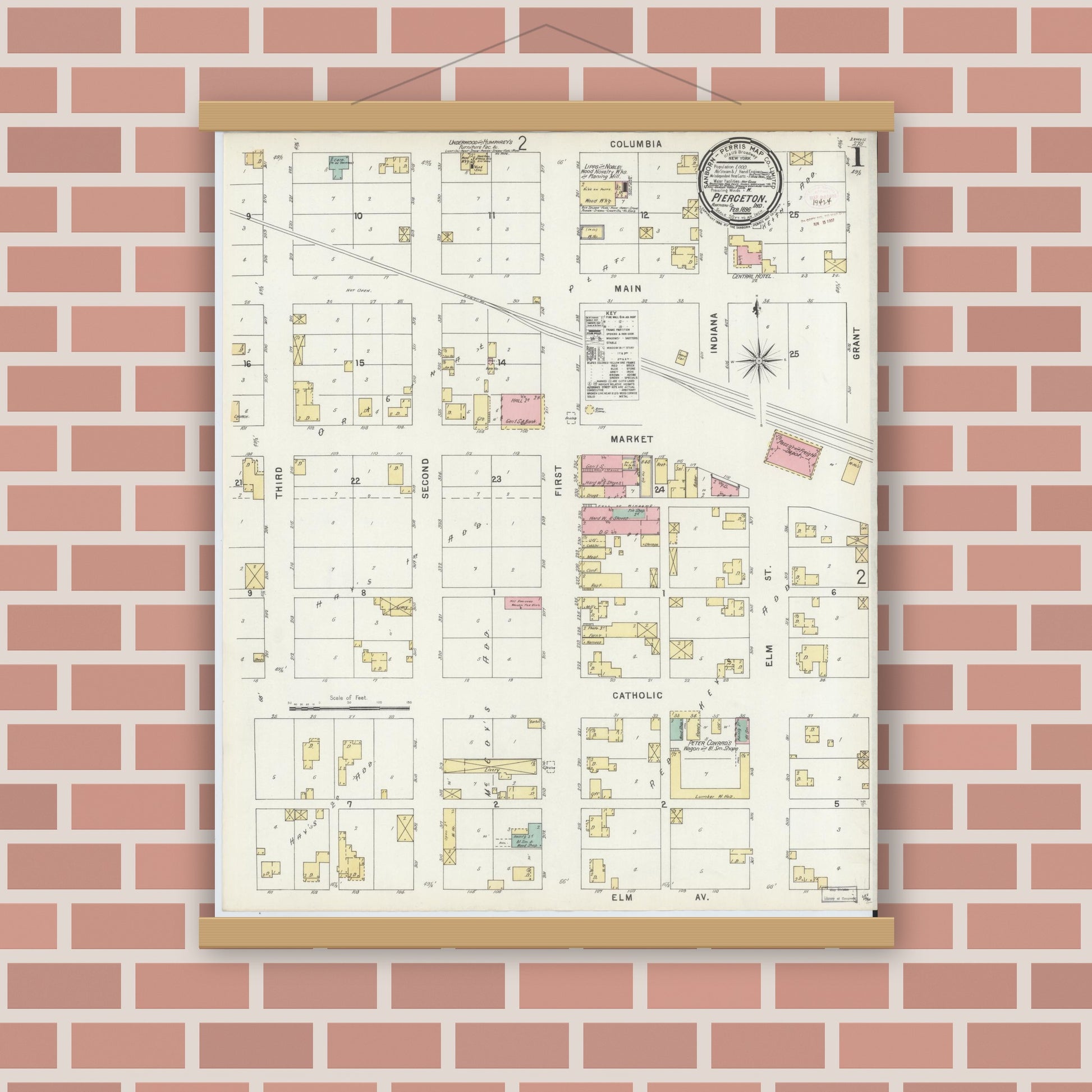 Old map wall art mockup — magnetic wood frame on brick wall — Sanborn Fire Insurance Map from Pierceton, Kosciusko County, Indiana (1896) - Complete Map Set