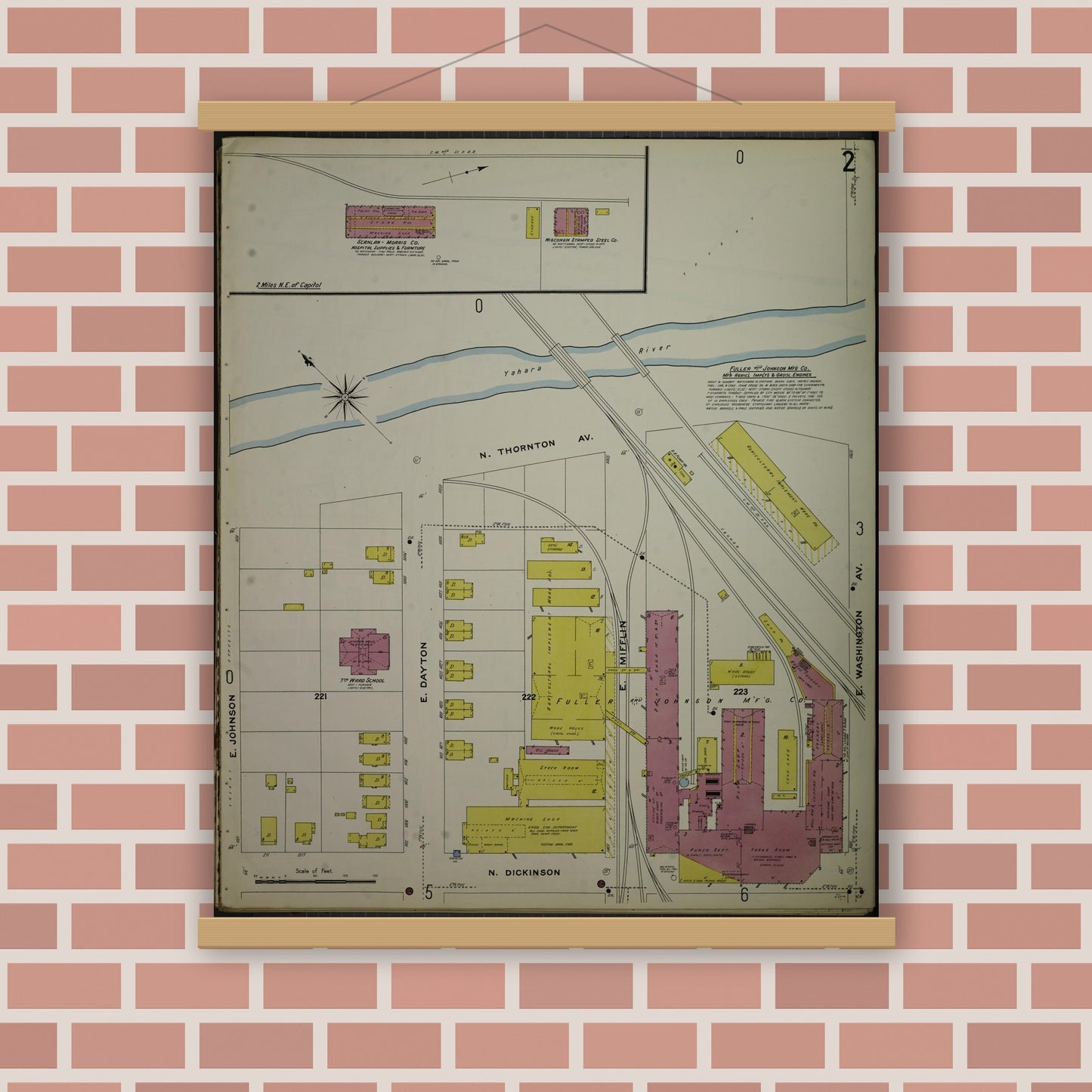 Old map wall art mockup — magnetic wood frame on brick wall — Sanborn Fire Insurance Map from Madison, Dane County, Wisconsin (1908), Sheet #0002