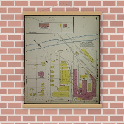 Old map wall art mockup — magnetic wood frame on brick wall — Sanborn Fire Insurance Map from Madison, Dane County, Wisconsin (1908), Sheet #0002