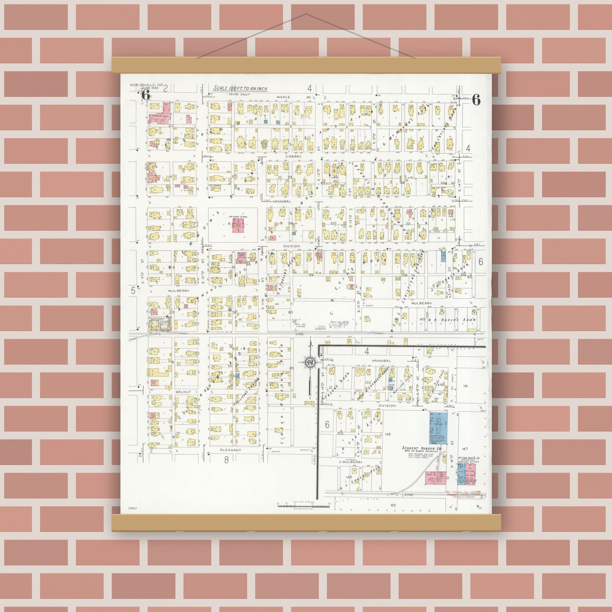 Old map wall art mockup — magnetic wood frame on brick wall — Sanborn Fire Insurance Map from Noblesville, Hamilton County, Indiana (1933), Sheet #0006