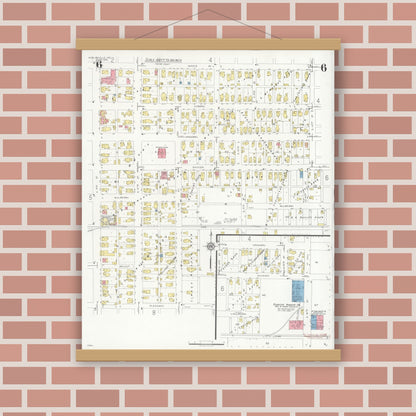 Old map wall art mockup — magnetic wood frame on brick wall — Sanborn Fire Insurance Map from Noblesville, Hamilton County, Indiana (1933), Sheet #0006