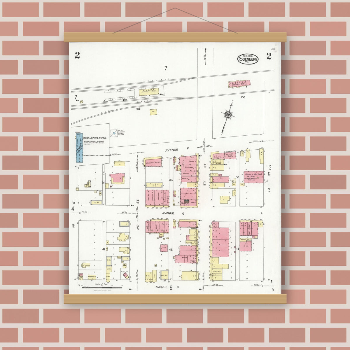 Old map wall art mockup — magnetic wood frame on brick wall — Sanborn Fire Insurance Map from Rosenberg, Fort Bend County, Texas (1926), Sheet #0002