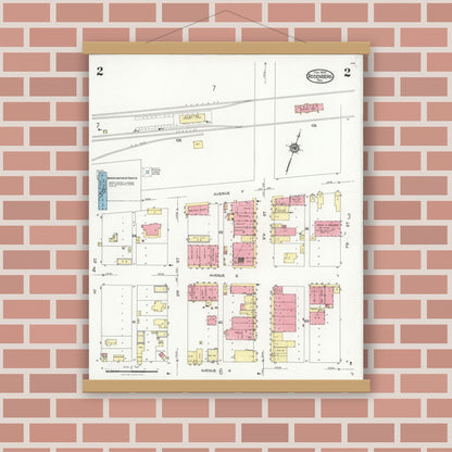 Old map wall art mockup — magnetic wood frame on brick wall — Sanborn Fire Insurance Map from Rosenberg, Fort Bend County, Texas (1926), Sheet #0002