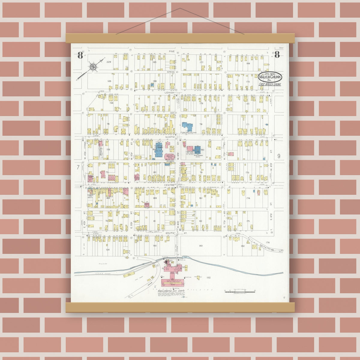 Old map wall art mockup — magnetic wood frame on brick wall — Sanborn Fire Insurance Map from Mauch Chunk, Carbon County, Pennsylvania (1930), Sheet #0008