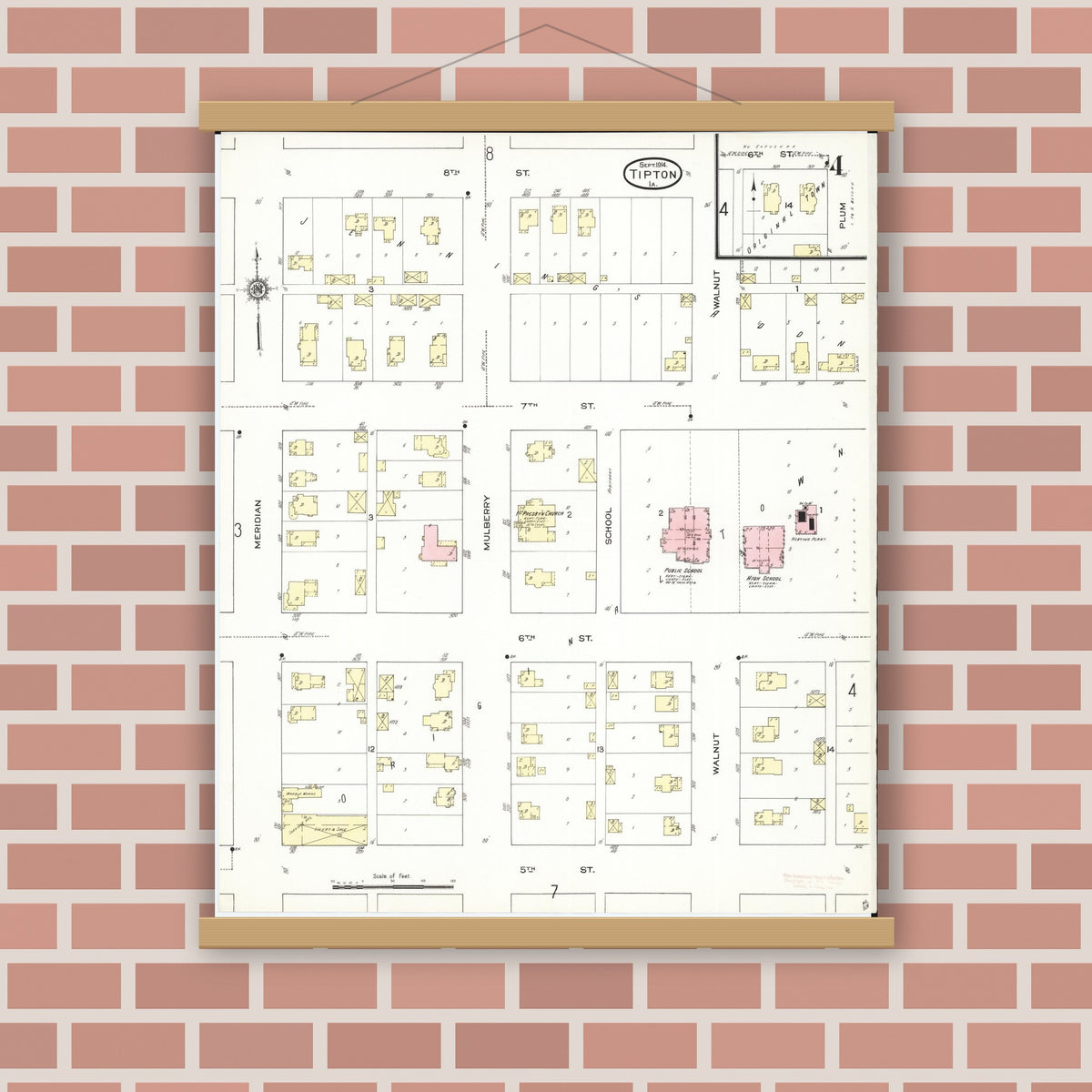 Old map wall art mockup — magnetic wood frame on brick wall — Sanborn Fire Insurance Map from Tipton, Cedar County, Iowa (1914), Sheet #0004