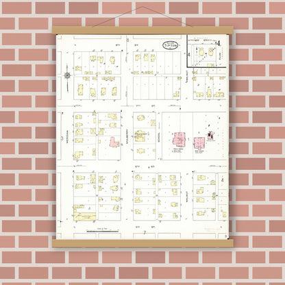 Old map wall art mockup — magnetic wood frame on brick wall — Sanborn Fire Insurance Map from Tipton, Cedar County, Iowa (1914), Sheet #0004