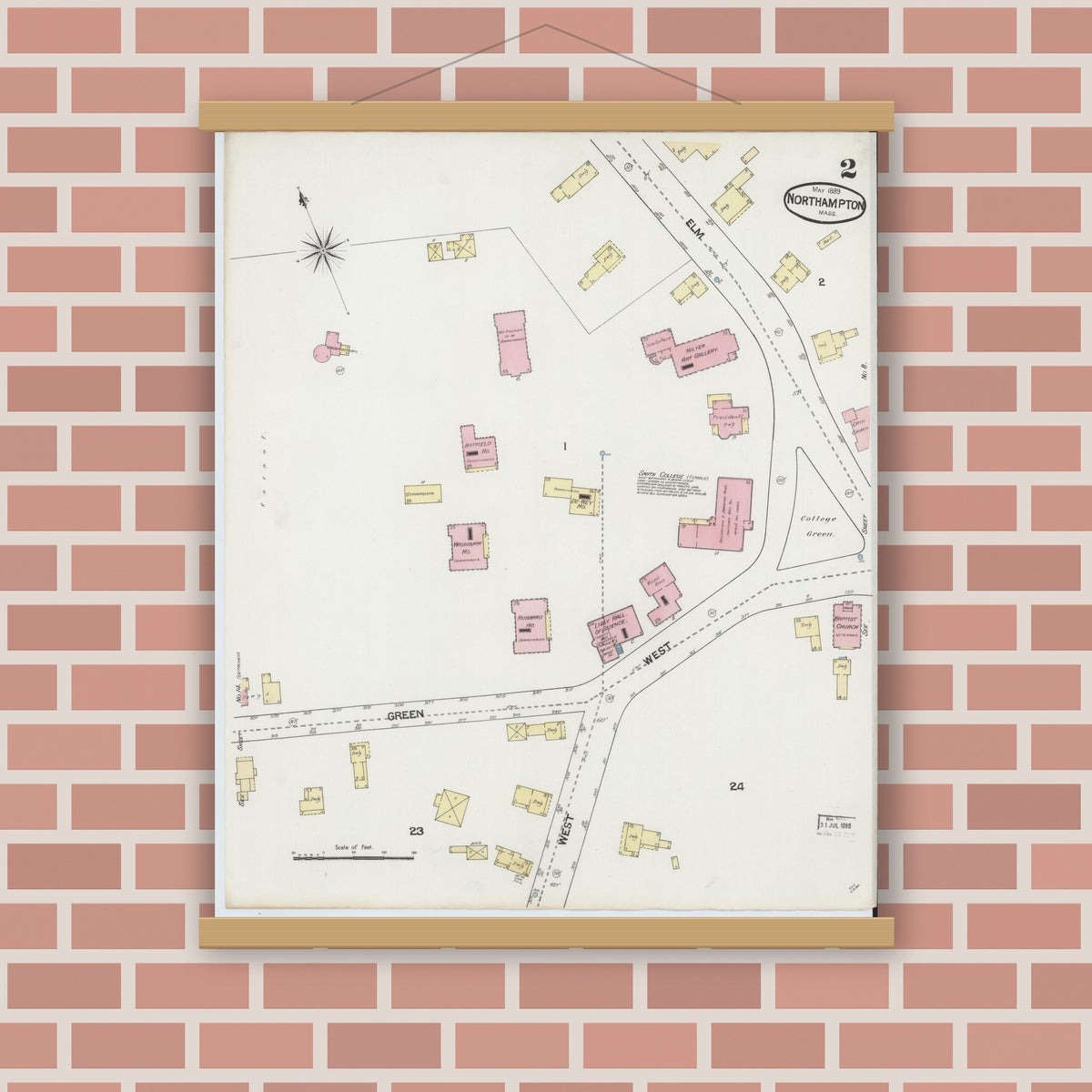 Old map wall art mockup — magnetic wood frame on brick wall — Sanborn Fire Insurance Map from Northampton, Hampshire County, Massachusetts (1889), Sheet #0002