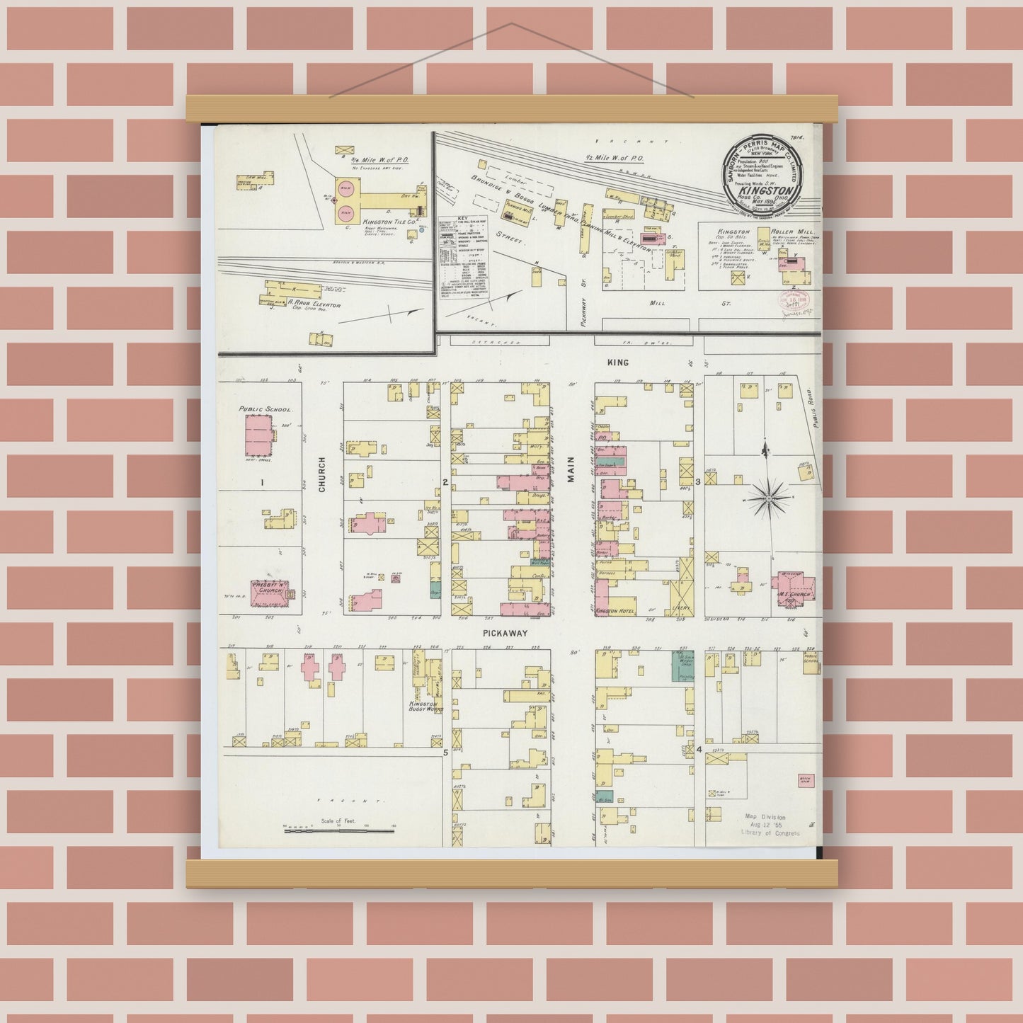Old map wall art mockup — magnetic wood frame on brick wall — Sanborn Fire Insurance Map from Kingston, Ross County, Ohio (1895), Sheet #0001