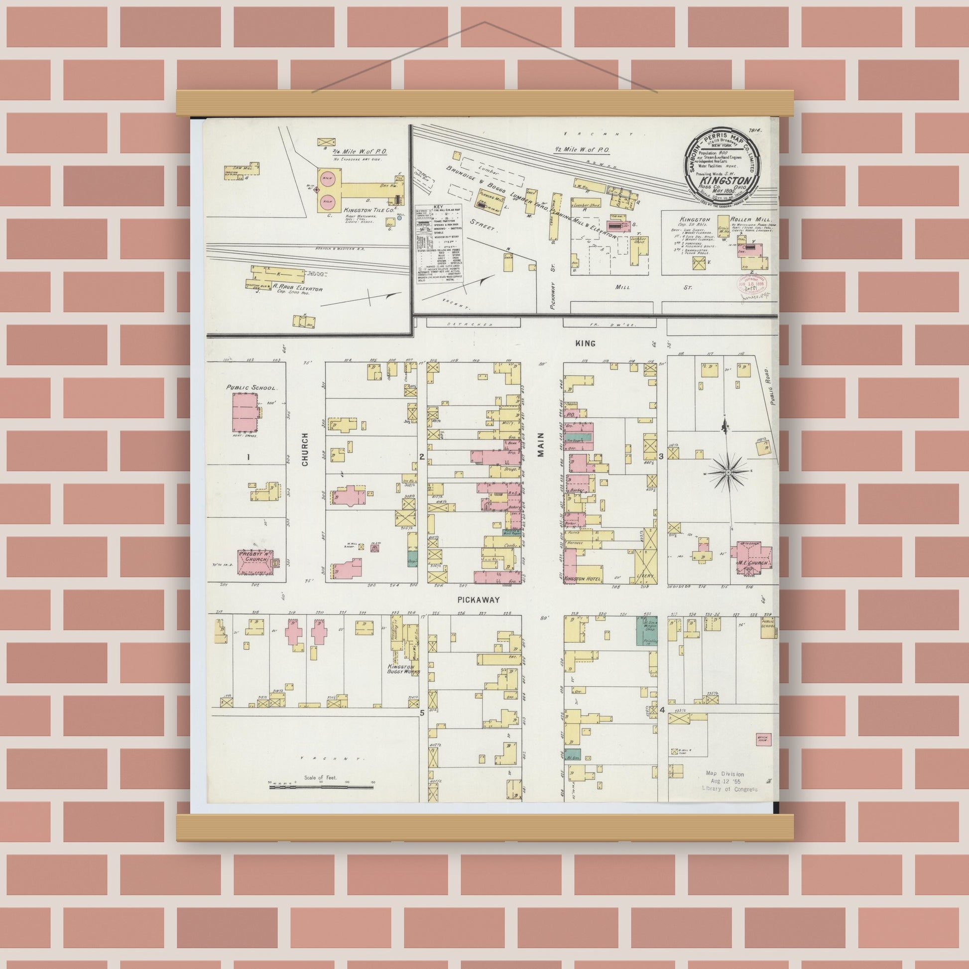 Old map wall art mockup — magnetic wood frame on brick wall — Sanborn Fire Insurance Map from Kingston, Ross County, Ohio (1895), Sheet #0001