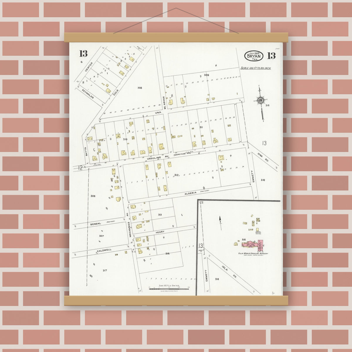 Old map wall art mockup — magnetic wood frame on brick wall — Sanborn Fire Insurance Map from Bryan, Brazos County, Texas (1925), Sheet #0013