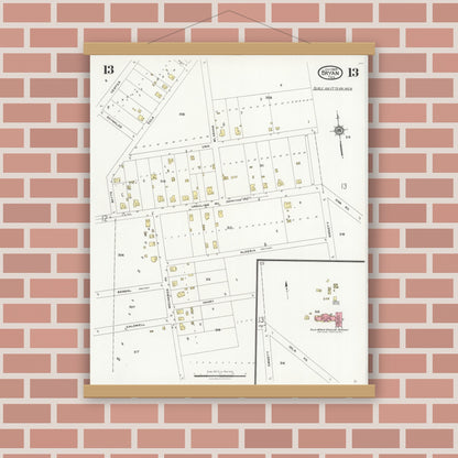 Old map wall art mockup — magnetic wood frame on brick wall — Sanborn Fire Insurance Map from Bryan, Brazos County, Texas (1925), Sheet #0013