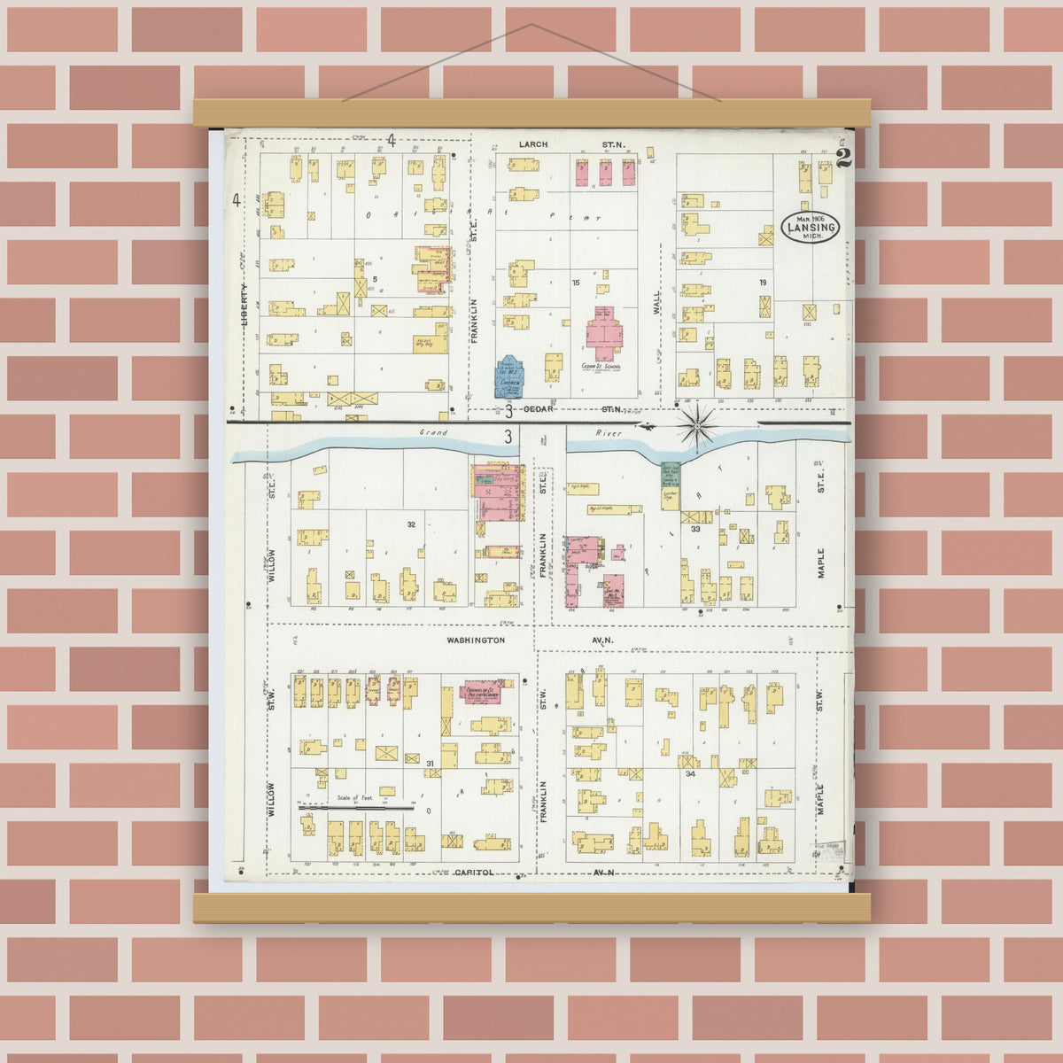 Old map wall art mockup — magnetic wood frame on brick wall — Sanborn Fire Insurance Map from Lansing, Ingham County, Michigan (1906), Sheet #0002