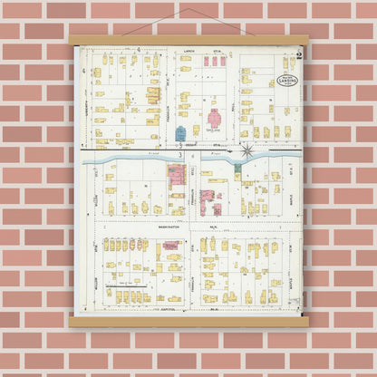 Old map wall art mockup — magnetic wood frame on brick wall — Sanborn Fire Insurance Map from Lansing, Ingham County, Michigan (1906), Sheet #0002