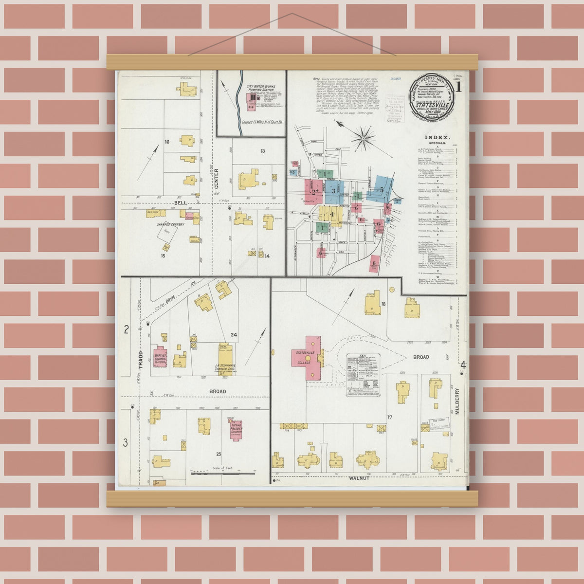 Old map wall art mockup — magnetic wood frame on brick wall — Sanborn Fire Insurance Map from Statesville, Iredell County, North Carolina (1900), Sheet #0001