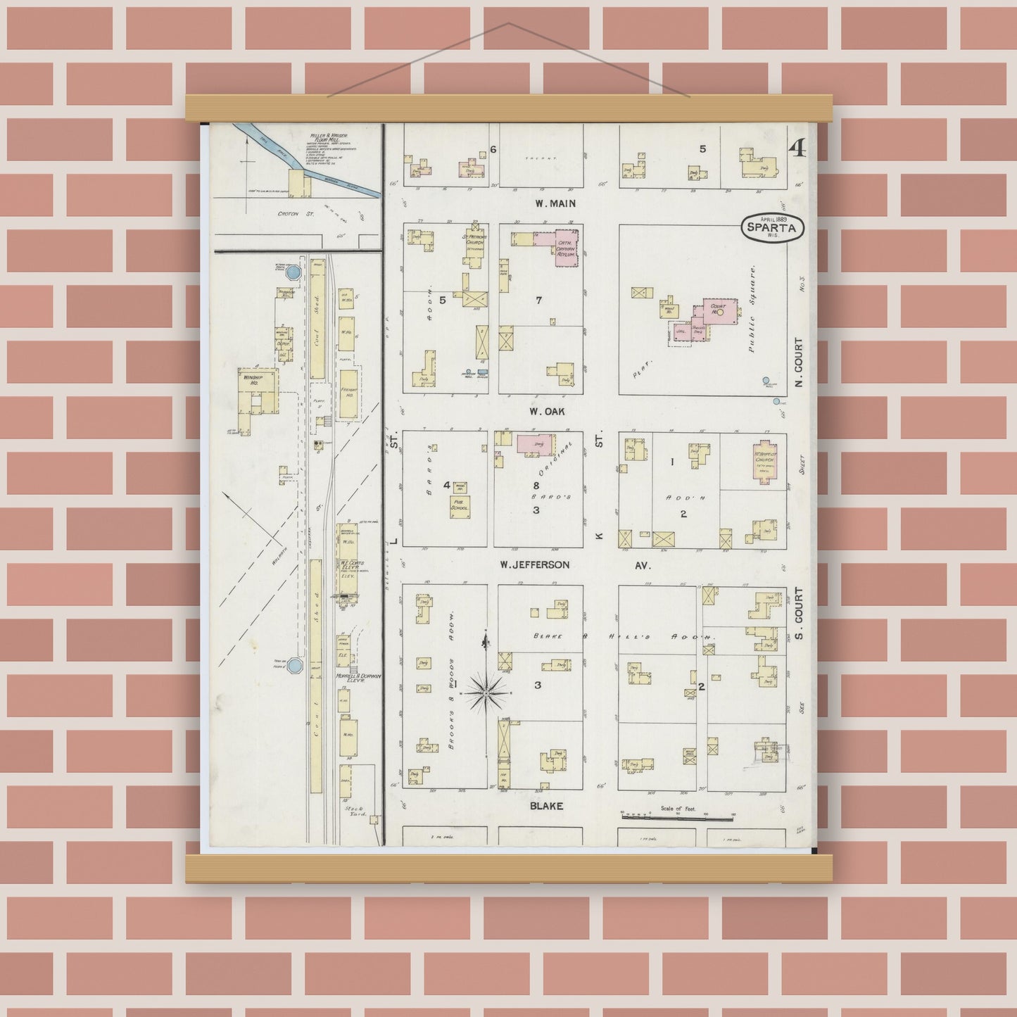 Old map wall art mockup — magnetic wood frame on brick wall — Sanborn Fire Insurance Map from Sparta, Monroe County, Wisconsin (1889), Sheet #0004