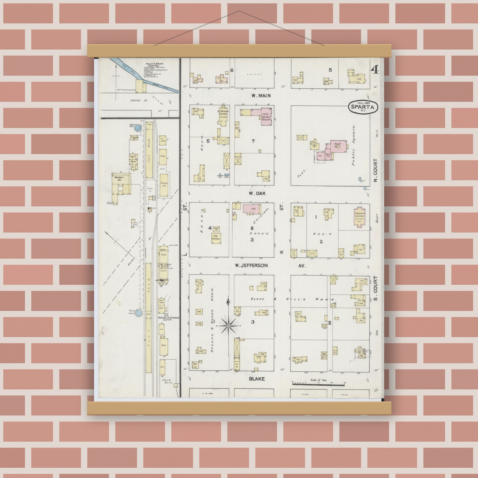 Old map wall art mockup — magnetic wood frame on brick wall — Sanborn Fire Insurance Map from Sparta, Monroe County, Wisconsin (1889), Sheet #0004