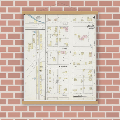 Old map wall art mockup — magnetic wood frame on brick wall — Sanborn Fire Insurance Map from Sparta, Monroe County, Wisconsin (1889), Sheet #0004