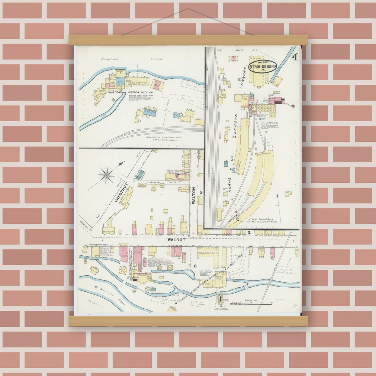 Old map wall art mockup — magnetic wood frame on brick wall — Sanborn Fire Insurance Map from Stroudsburg, Monroe County, Pennsylvania (1892), Sheet #0004