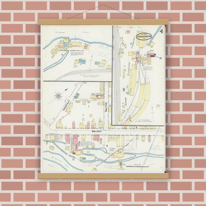 Old map wall art mockup — magnetic wood frame on brick wall — Sanborn Fire Insurance Map from Stroudsburg, Monroe County, Pennsylvania (1892), Sheet #0004