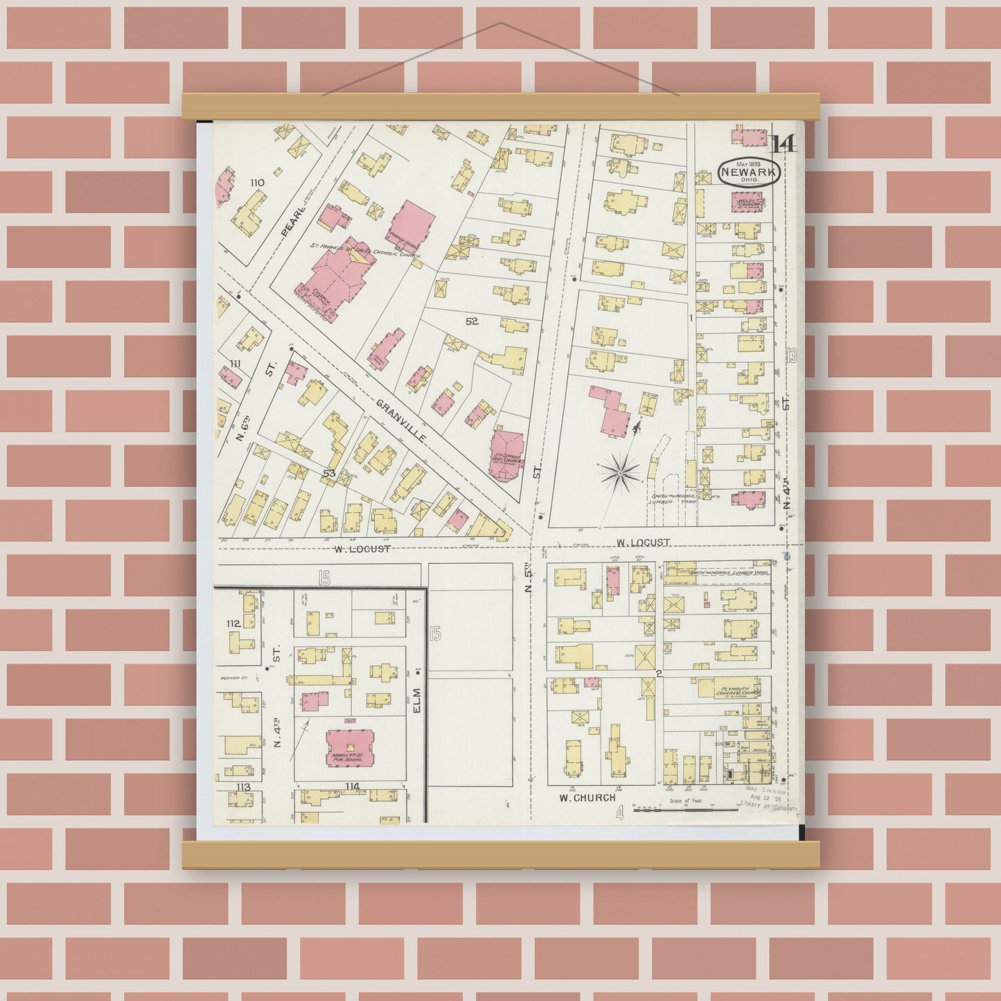 Old map wall art mockup — magnetic wood frame on brick wall — Sanborn Fire Insurance Map from Newark, Licking County, Ohio (1893), Sheet #0014