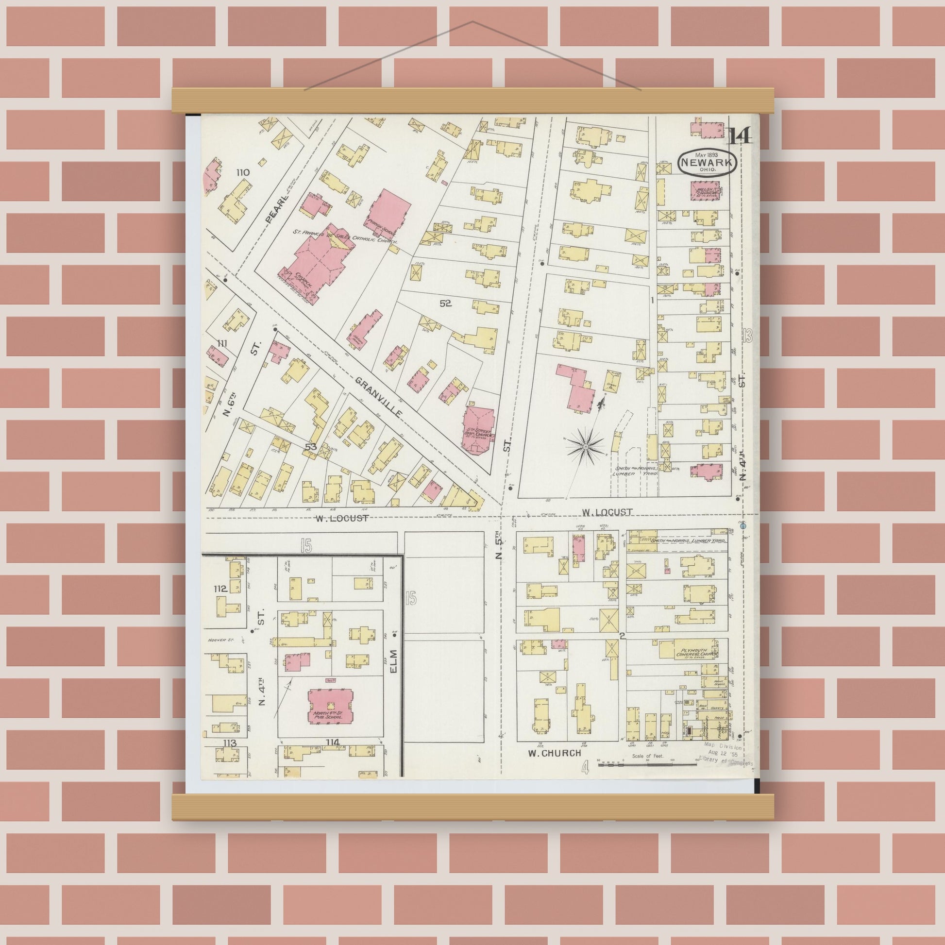 Old map wall art mockup — magnetic wood frame on brick wall — Sanborn Fire Insurance Map from Newark, Licking County, Ohio (1893), Sheet #0014