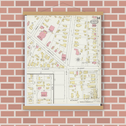 Old map wall art mockup — magnetic wood frame on brick wall — Sanborn Fire Insurance Map from Newark, Licking County, Ohio (1893), Sheet #0014