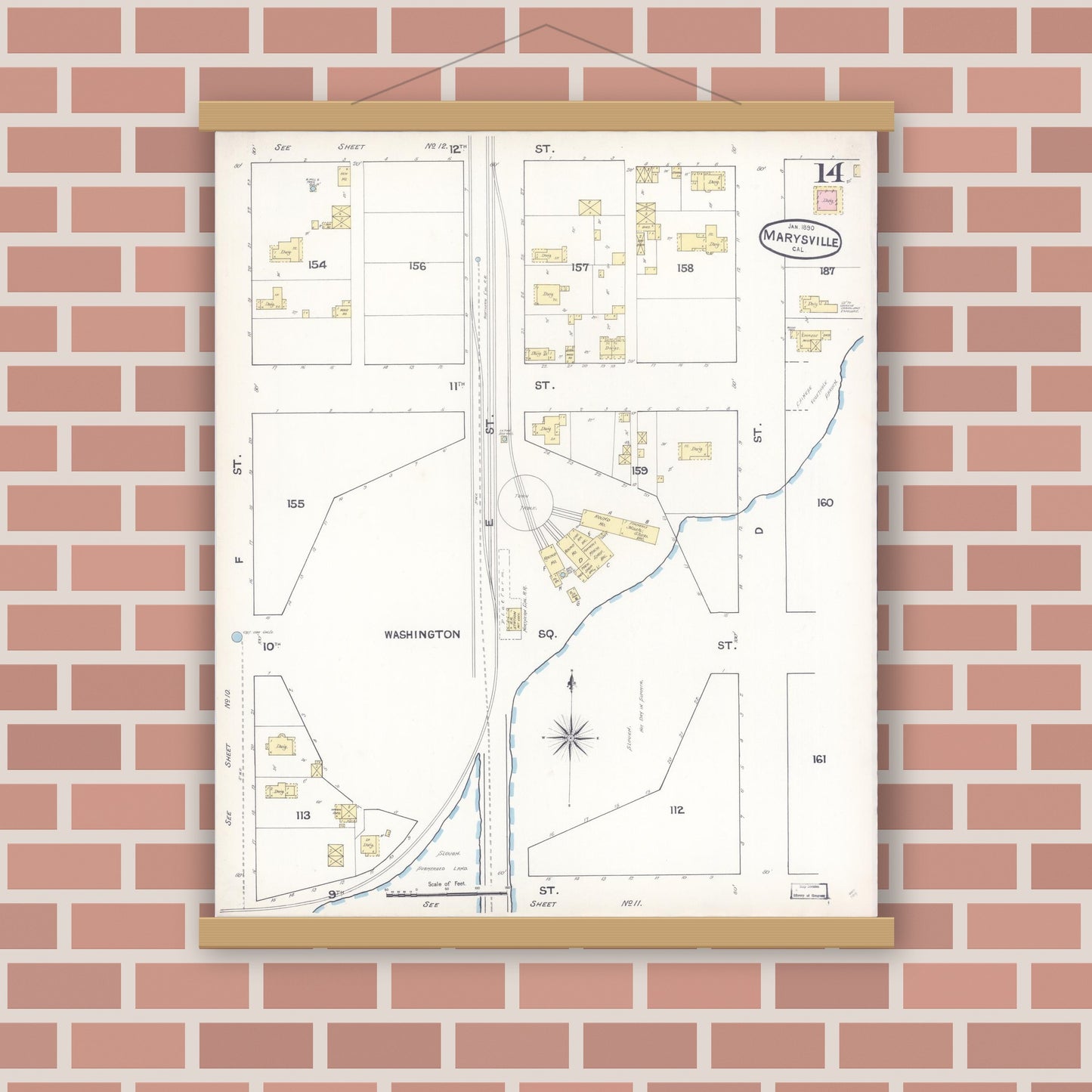 Old map wall art mockup — magnetic wood frame on brick wall — Sanborn Fire Insurance Map from Marysville, Yuba County, California (1890), Sheet #0014