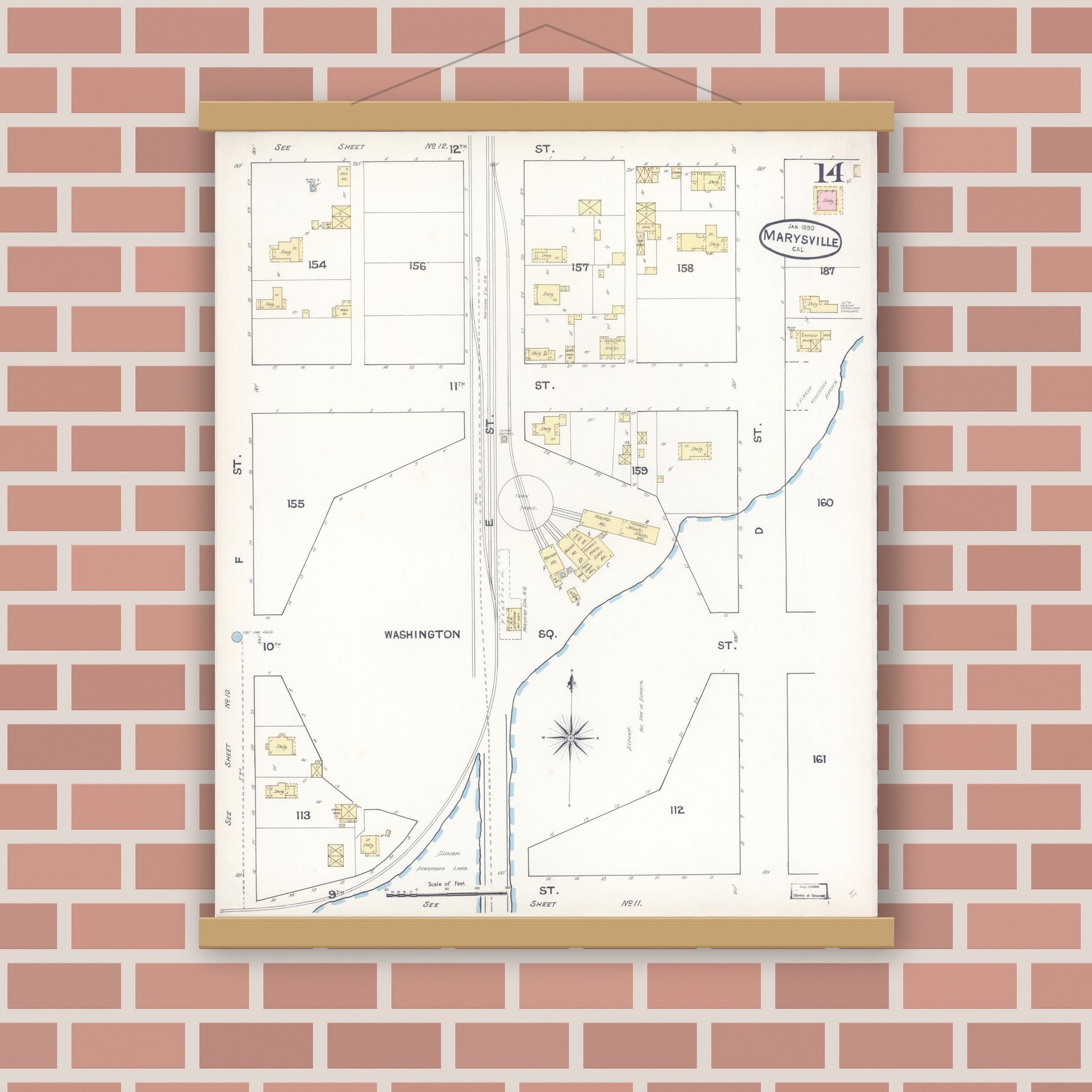 Old map wall art mockup — magnetic wood frame on brick wall — Sanborn Fire Insurance Map from Marysville, Yuba County, California (1890), Sheet #0014